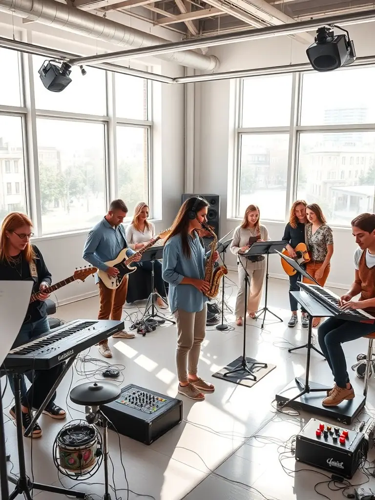 A diverse group of participants engaging in a hands-on sound art workshop, experimenting with various instruments and electronic devices, set in a vibrant, creative studio environment.