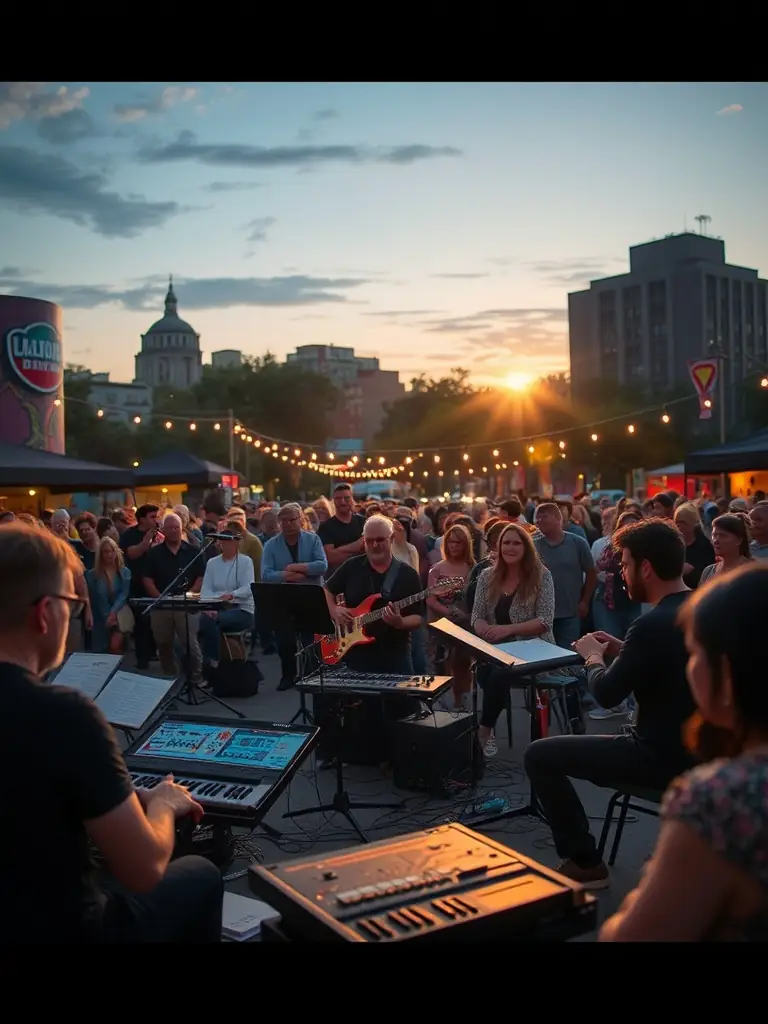 A live sound art performance in a public space, featuring artists using unconventional instruments and electronic effects to create an immersive sonic experience for the audience.