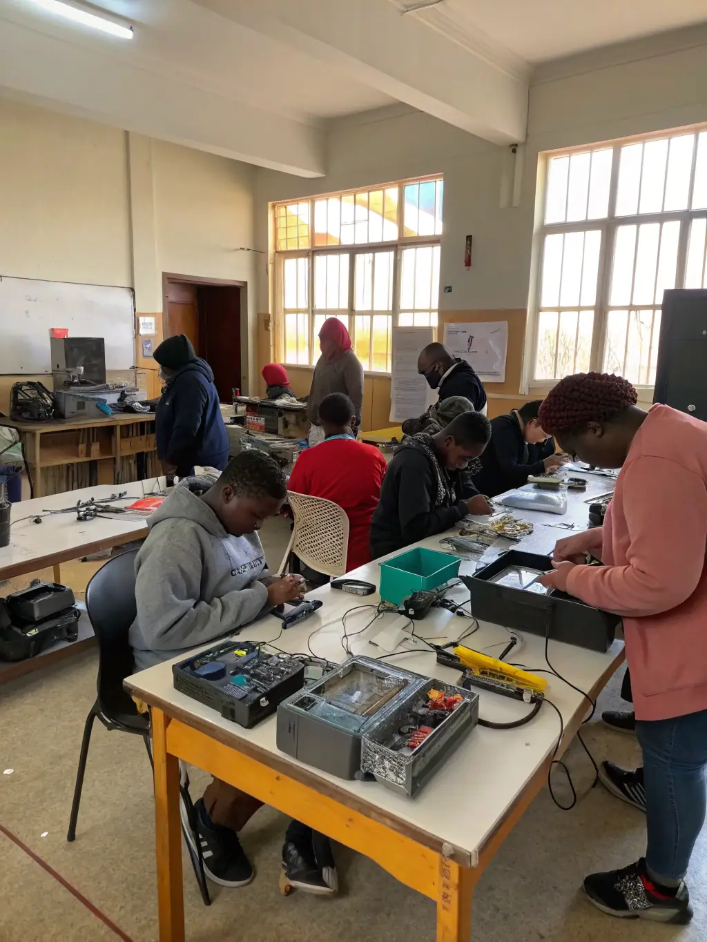 A diverse group of participants collaborating on a sound art installation, using various electronic components and listening devices in a community workshop setting.