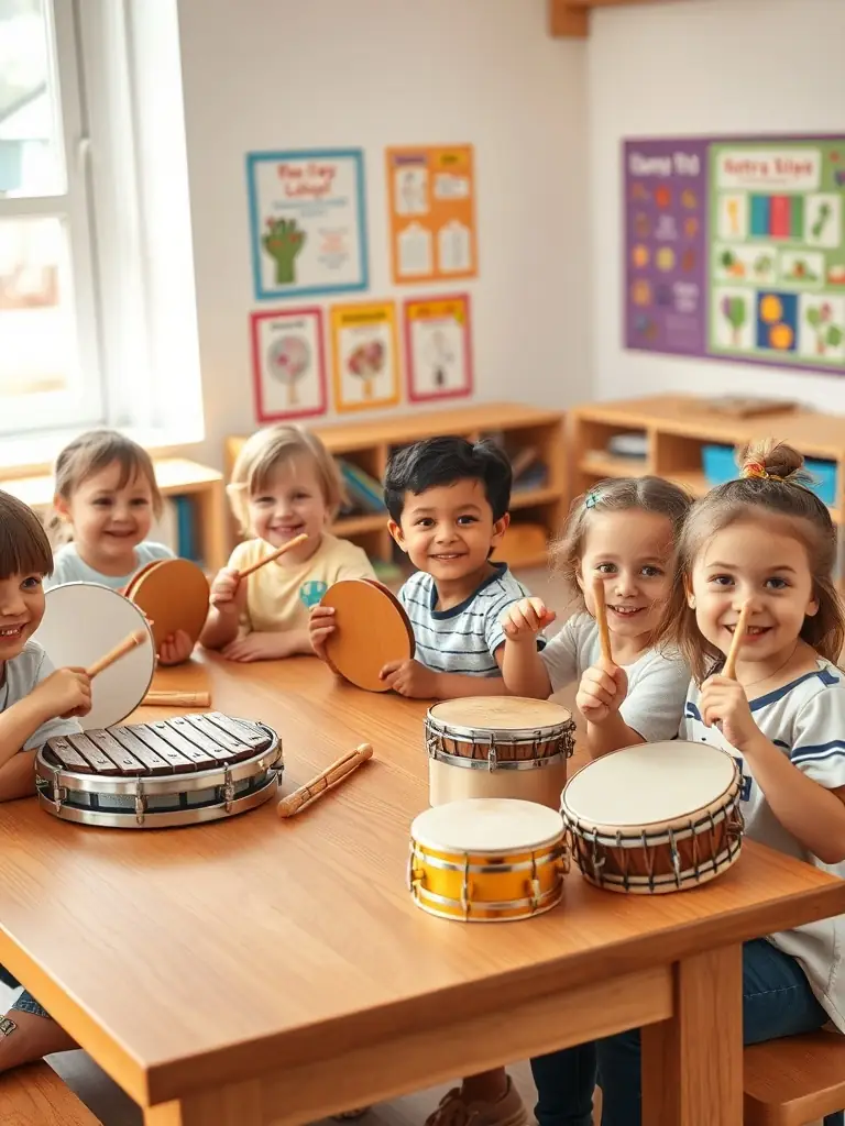 A photograph of children participating in a sound art education program, using everyday objects to create musical instruments and explore sound.