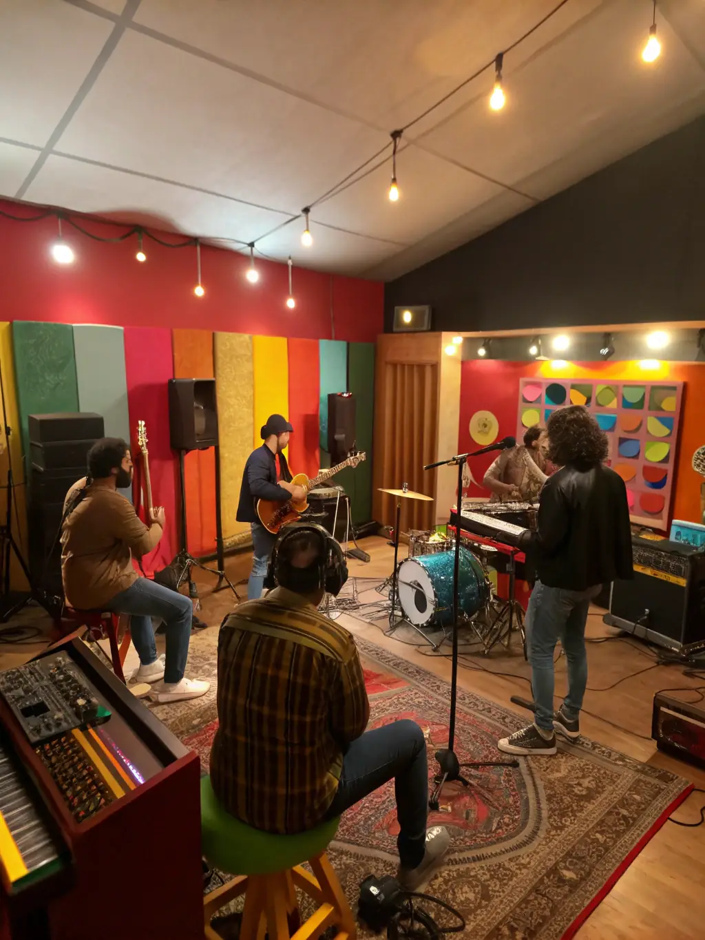 A collaborative sound art project involving local artists and international guests, working together in a studio to produce a unique sound installation for a public exhibition.